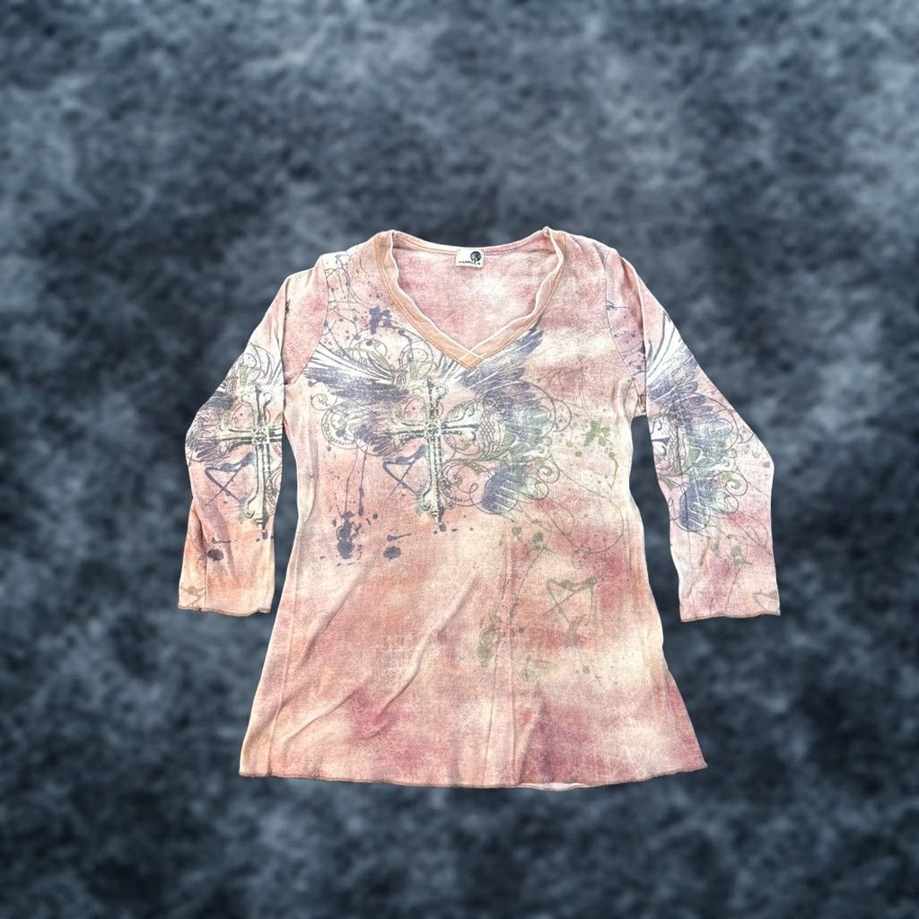 Gloverall VINTAGE Oneworld Blouse Top 3/4 Sleeve Womens Medium Pink Rhinestone Wings Y2K V-Neck Women Mens? Size M / US 6-8 / IT 42-44 - 1 Thumbnail