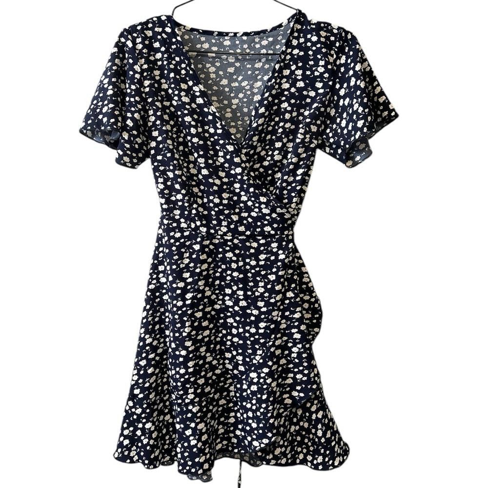 Designer Navy Blue Floral Wrap Mini Dress Size S / US 4 / IT 40 - 1 Thumbnail