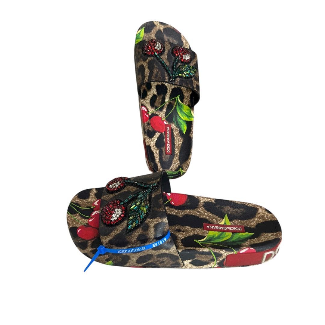 Dolce & Gabbana Portofino Cherry & Leopard-Print Embellished Pool Slide Size US 10.5 / IT 40.5 - 2 Thumbnail