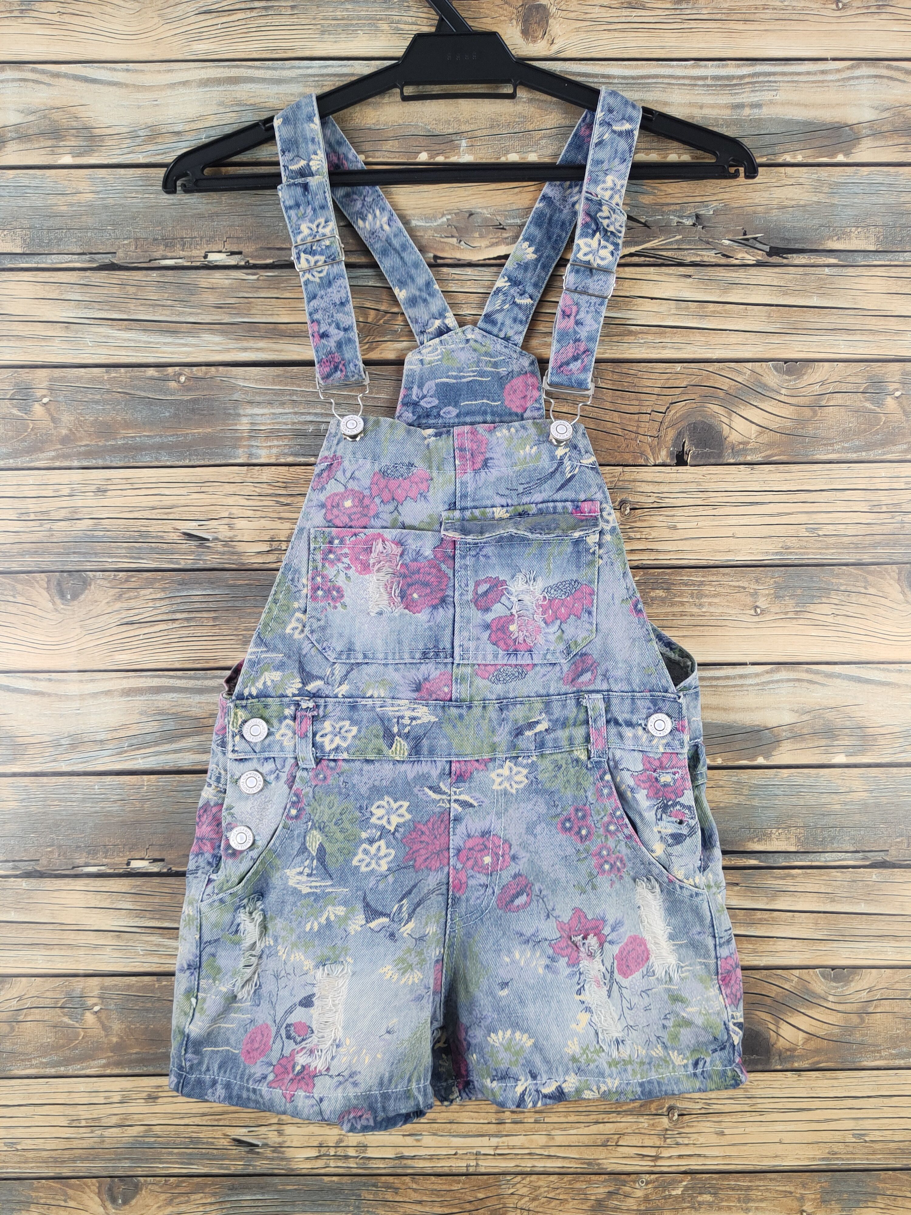 Other Japanese Brand Blue Pink Flowers Denim Shortall Jumpsuits Size 28" / US 6 / IT 42 - 1 Thumbnail