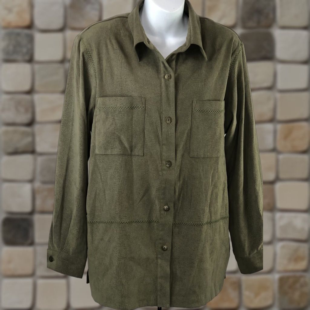 Vintage VINTAGE Alfred Dunner Top Green Snake Microsuede Embroidered Crochet Pocket XL Women Button-Up Long Sleeve Casual Workwear 10 green Y2K Size XL / US 12-14 / IT 48-50 - 1 Thumbnail