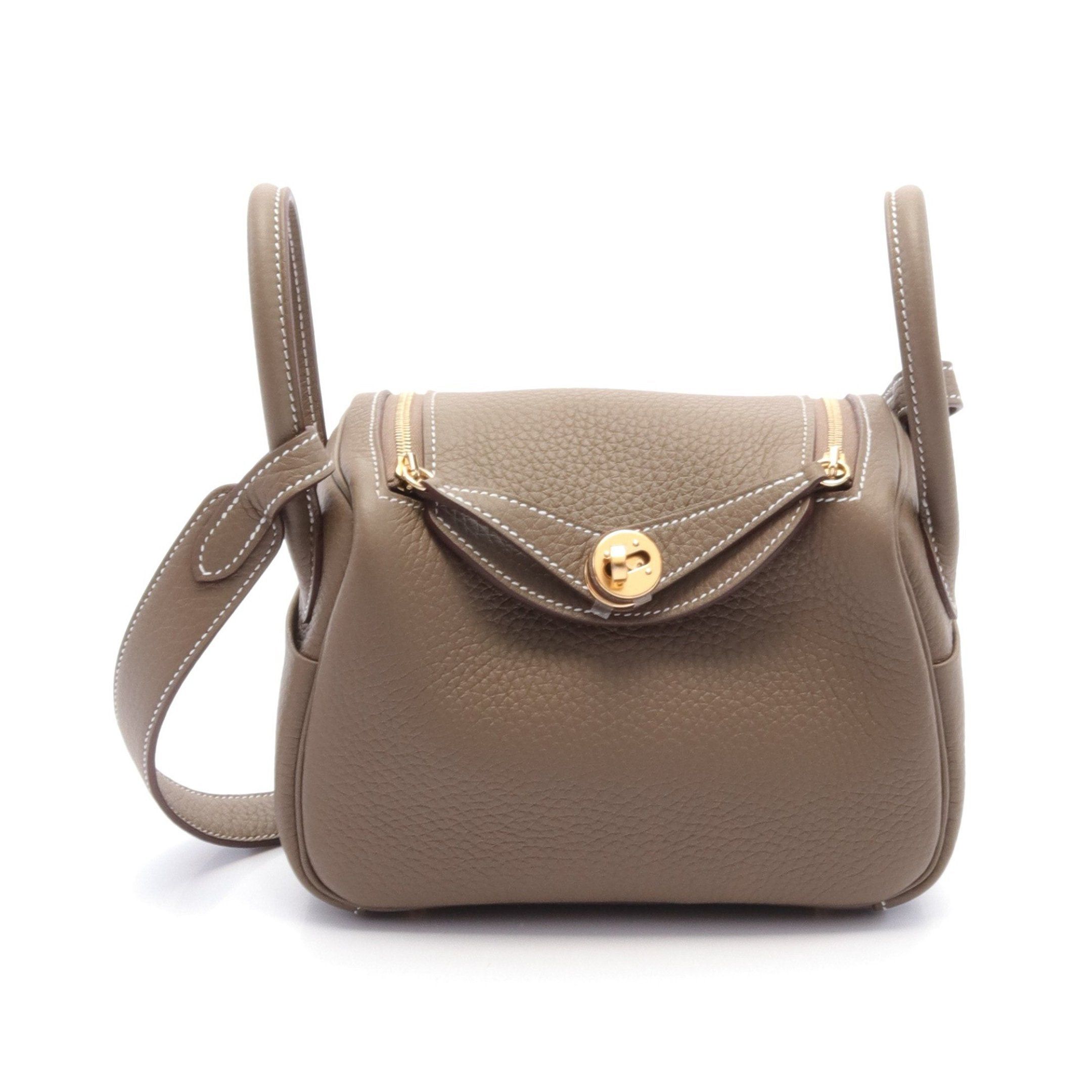 Hermes Lindy Mini Etoupe Shoulder Bag Clemence Leather Gray Brown Gold Hardware Double Engraved