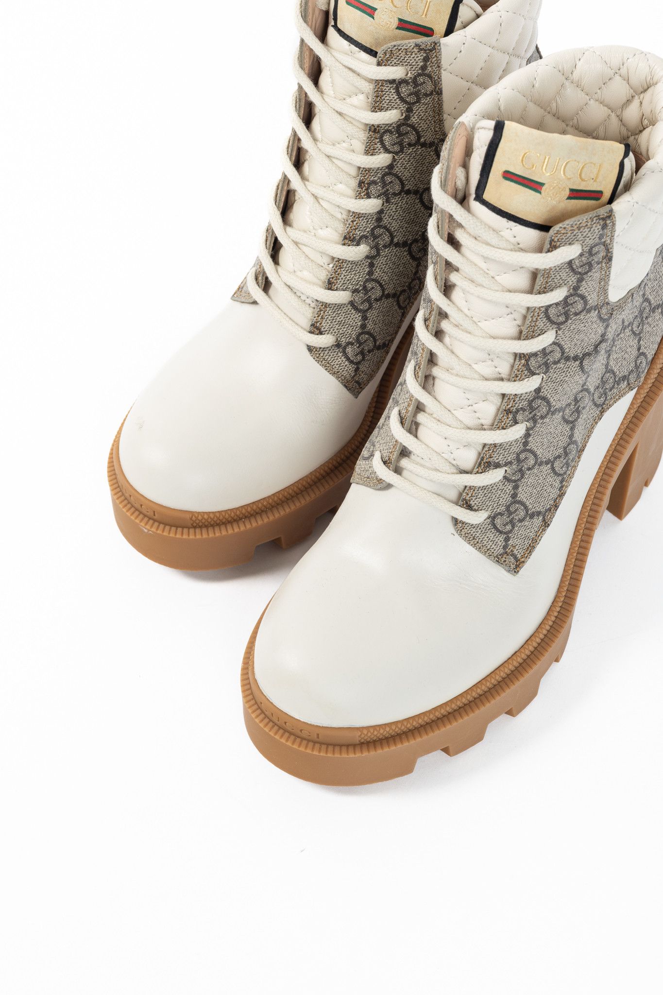Gucci Gucci Beige & Ebony Canvas & Leather Lace-Up GG Ankle Boots Size US 6.5 / IT 36.5 - 6 Thumbnail