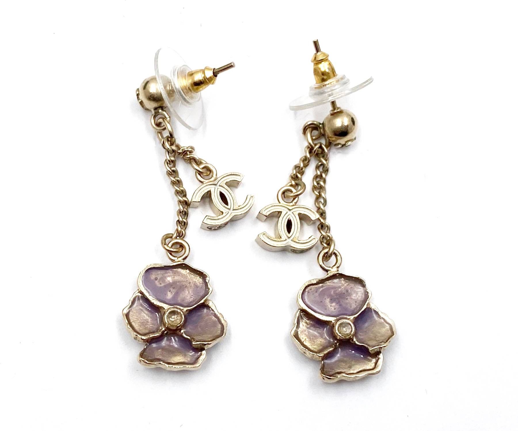 Chanel Chanel Gold CC Lavender Flower Dangle Piercing Earrings Size ONE SIZE - 2 Thumbnail