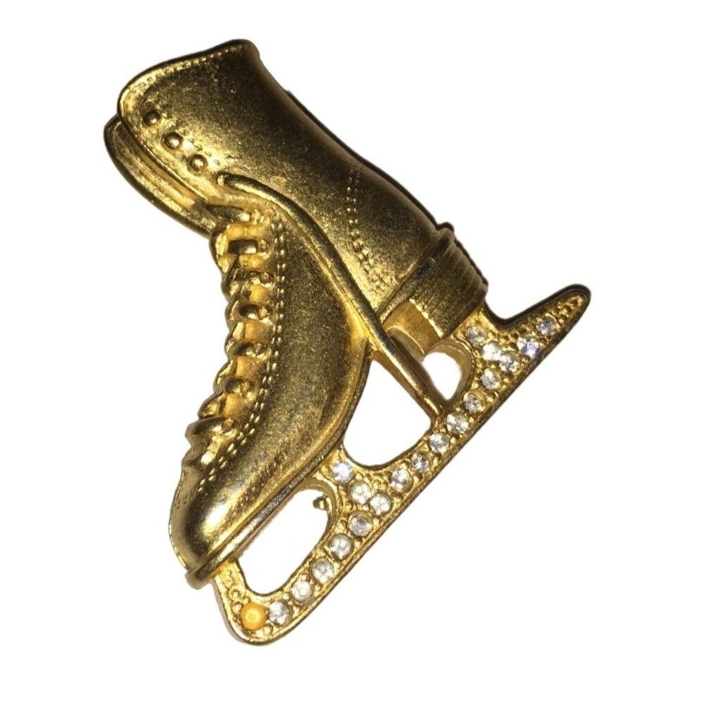 Other Vintage Minimalist Gold Tone Rhinestone Ice Skate Brooch Pin Size ONE SIZE - 1 Thumbnail
