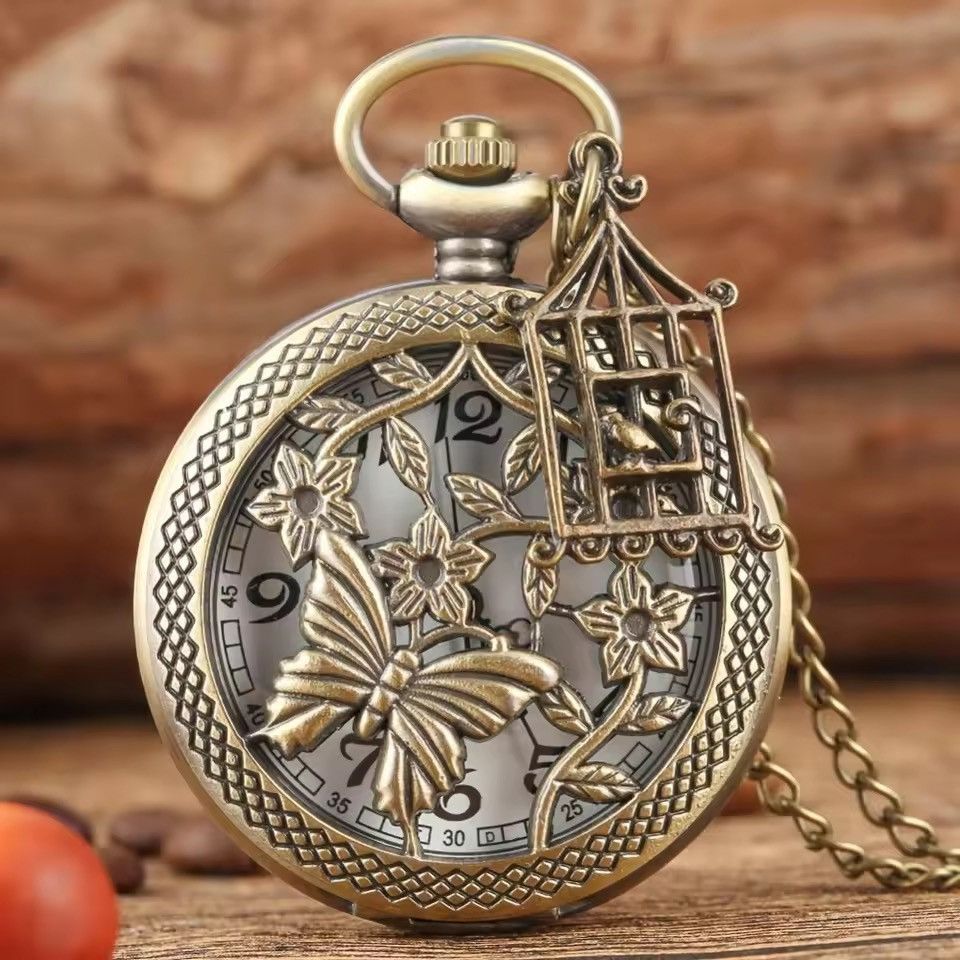 Jewelry Bronze Butterfly & Birdcage Pocket Watch Necklace Size ONE SIZE - 1 Thumbnail