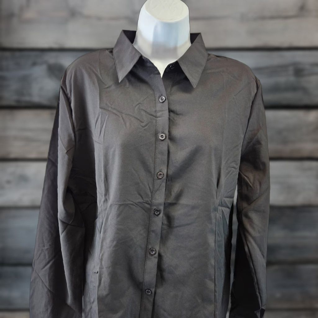 Vintage WBQ Womens Button-Front Shirt Sz L Solid Black Long Sleeve Shirt Womens Mens? (adjust) Size L / US 10 / IT 46 - 1 Thumbnail