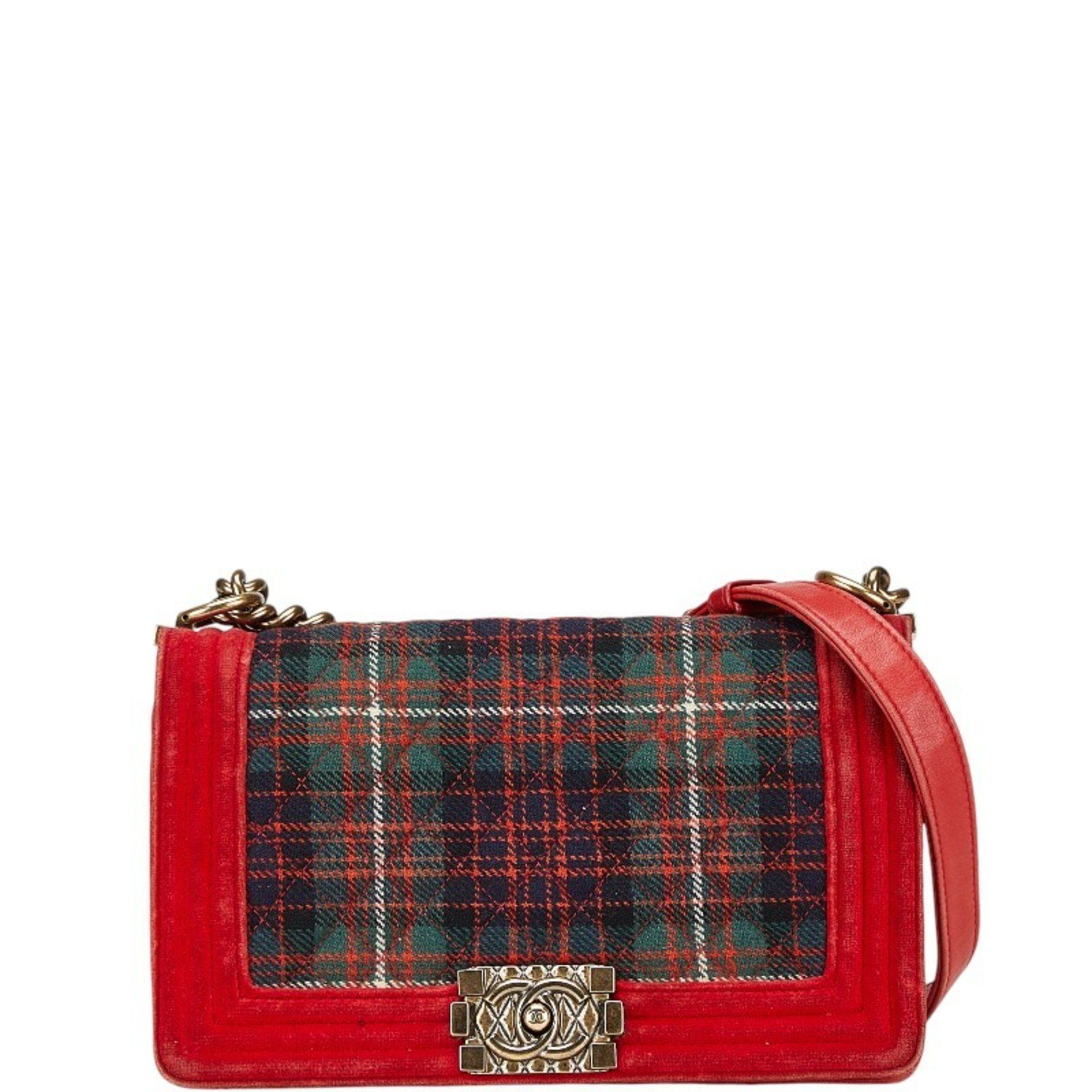Chanel Matelasse Boy 25 Chain Shoulder Bag Red Multicolor Velour Wool Leather Women's Chanel