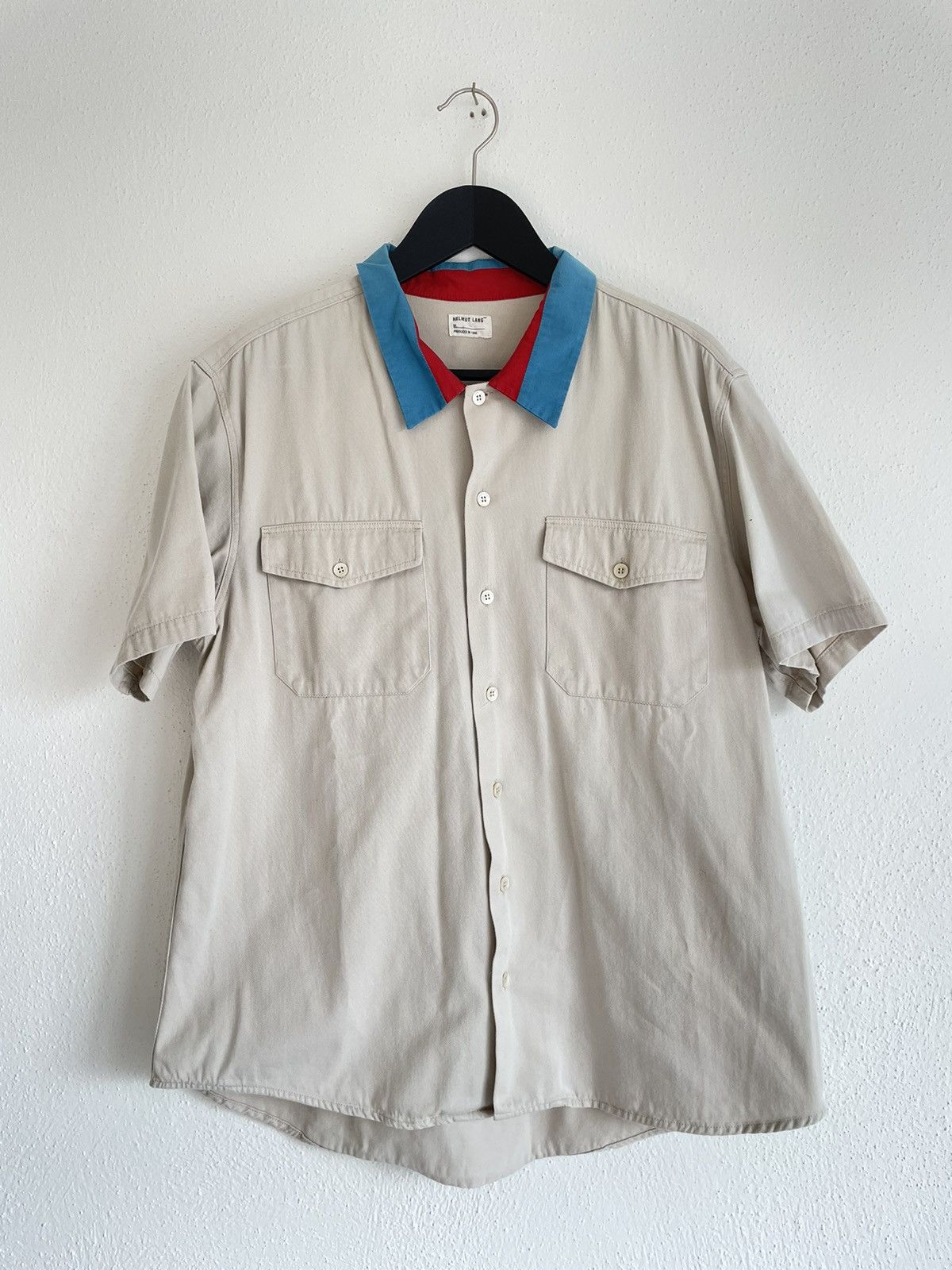 image of Helmut Lang Vintage 1996 Cream Striped Shirt With Red & Blue Collar, Men's (Size 2XL)