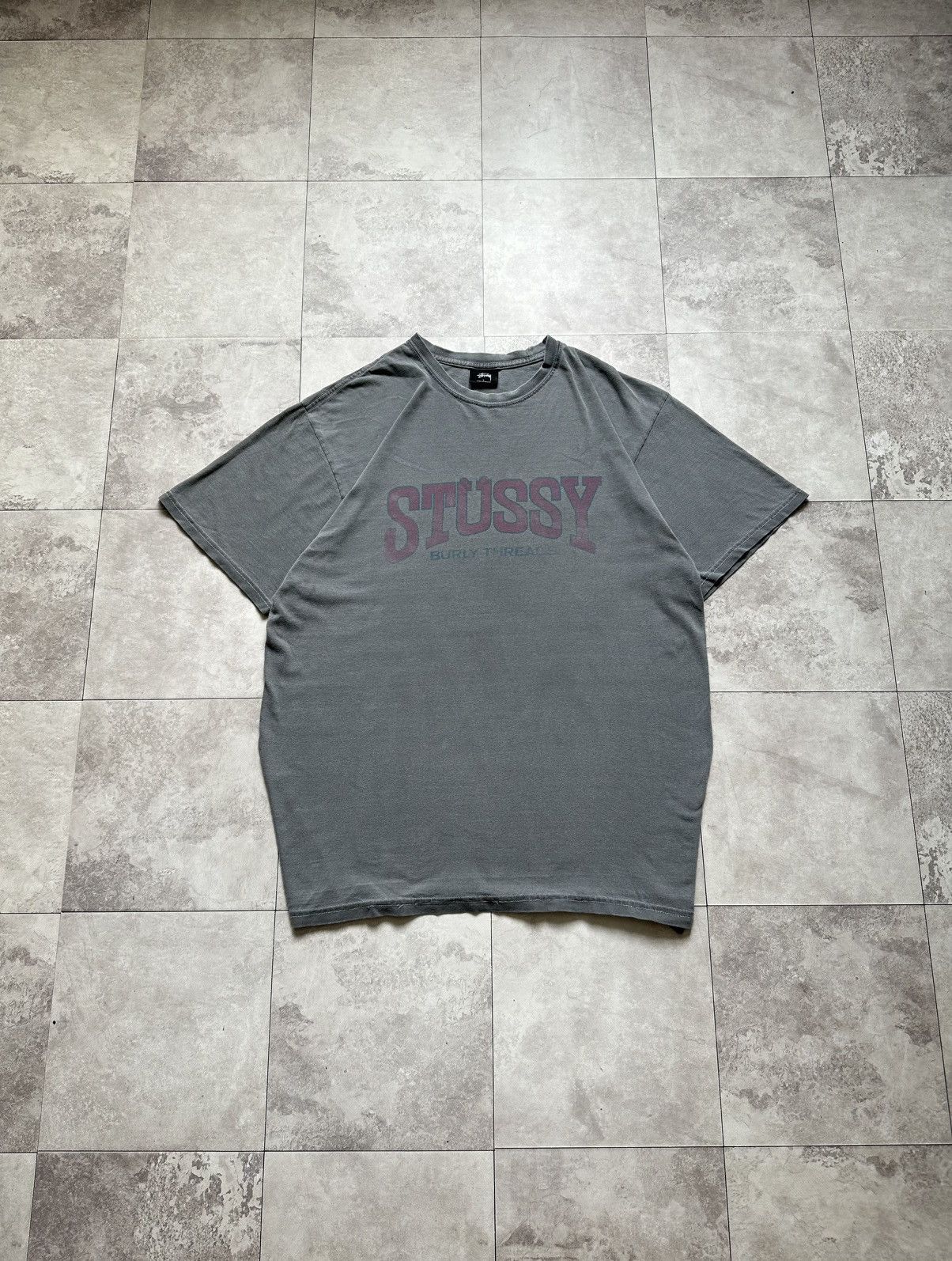 Stussy × Vintage Stussy Burly Threads Washed Big Logo Graphic Print T-Shirt Size US L / EU 52-54 / 3 - 1 Thumbnail
