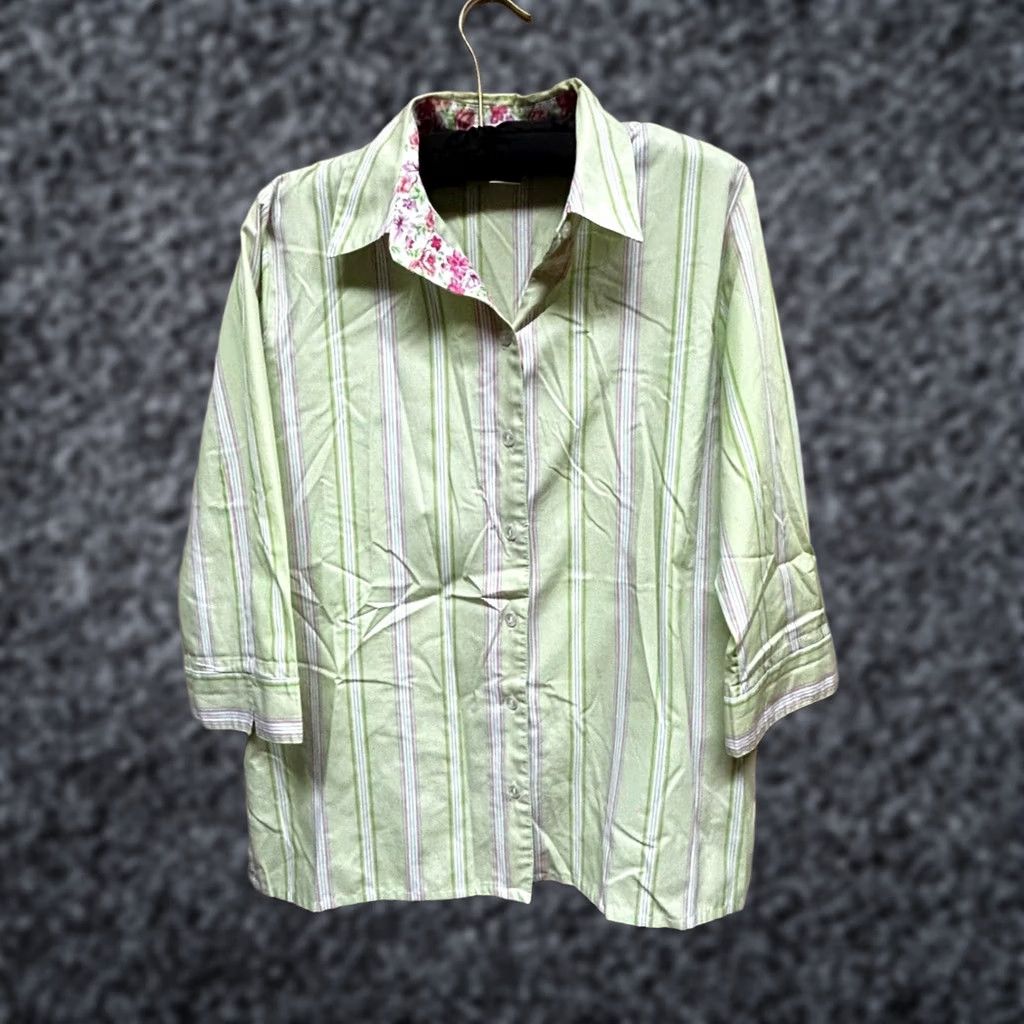 Vintage Allison Daley Women's Top Green Striped Button Down Shirt 3/4 Sleeve Size 8 Size M / US 6-8 / IT 42-44 - 1 Thumbnail