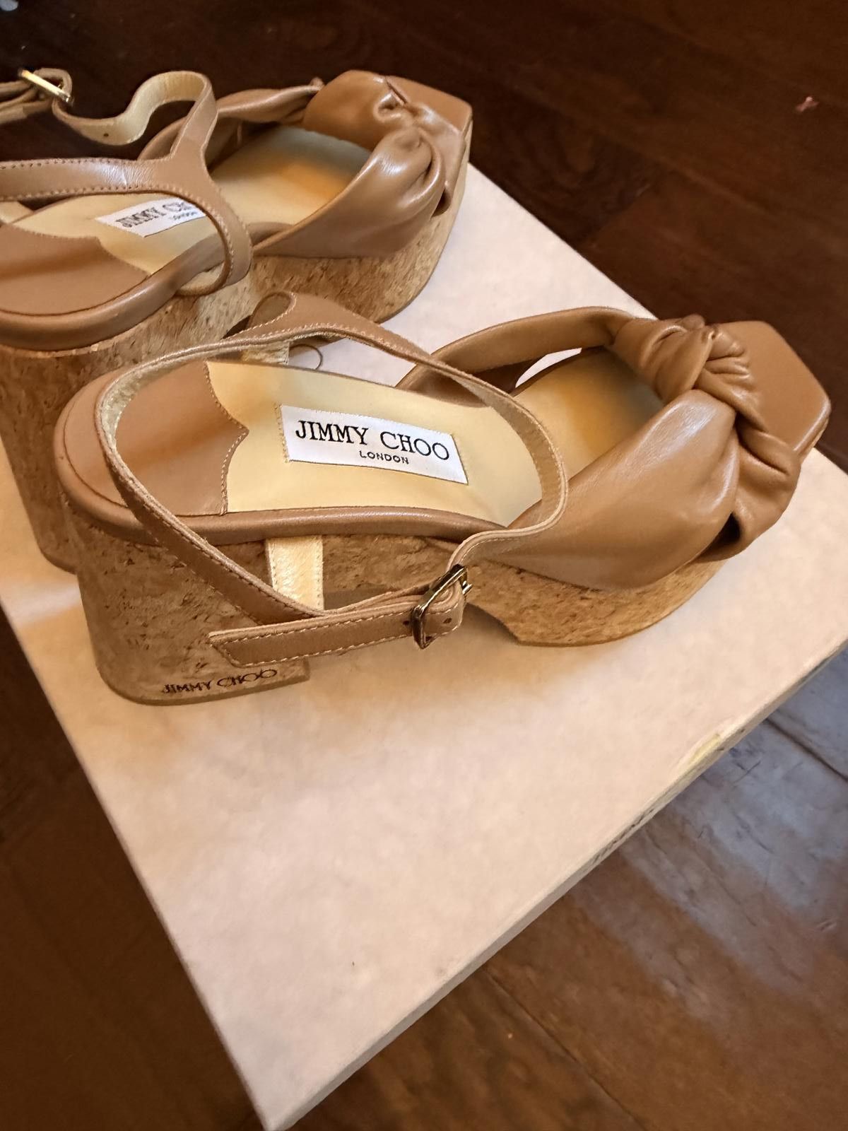 Jimmy Choo Jimmy Choo Beige Leather Platform Sandals with Cork Heel Size US 7 / IT 37 - 5 Thumbnail