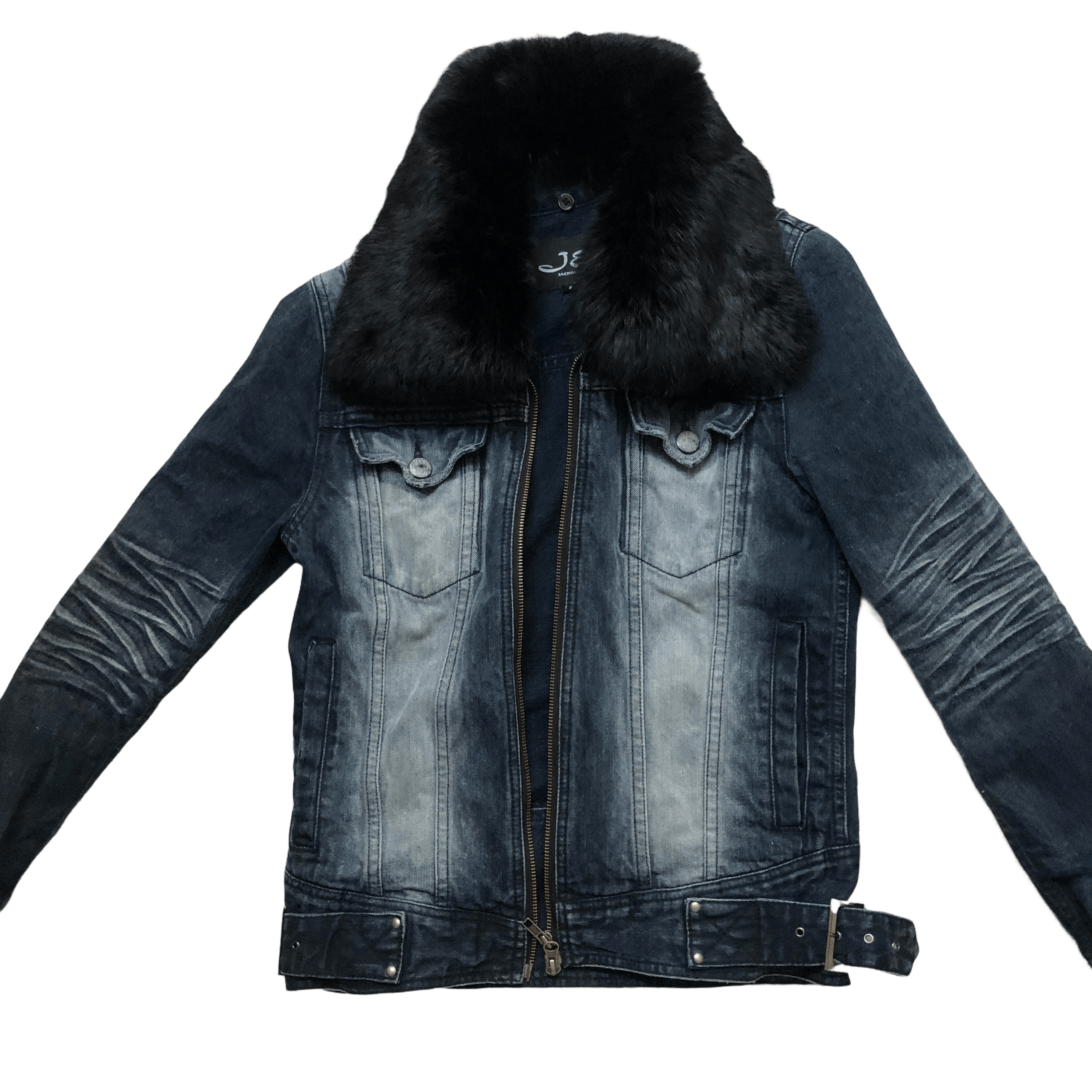 image of Archive Jack Rose Rabbit Fur Denim Rider Jacket in Dark Blue, Men's (Size Small)