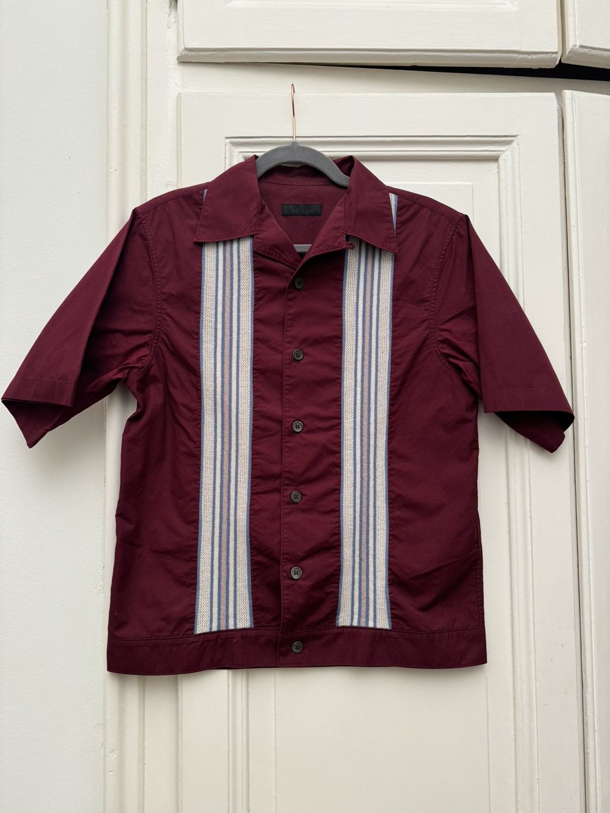 image of Prada Ss16 Knit Stripe Bowling Shirt in Burgandy, Men's (Size Small)