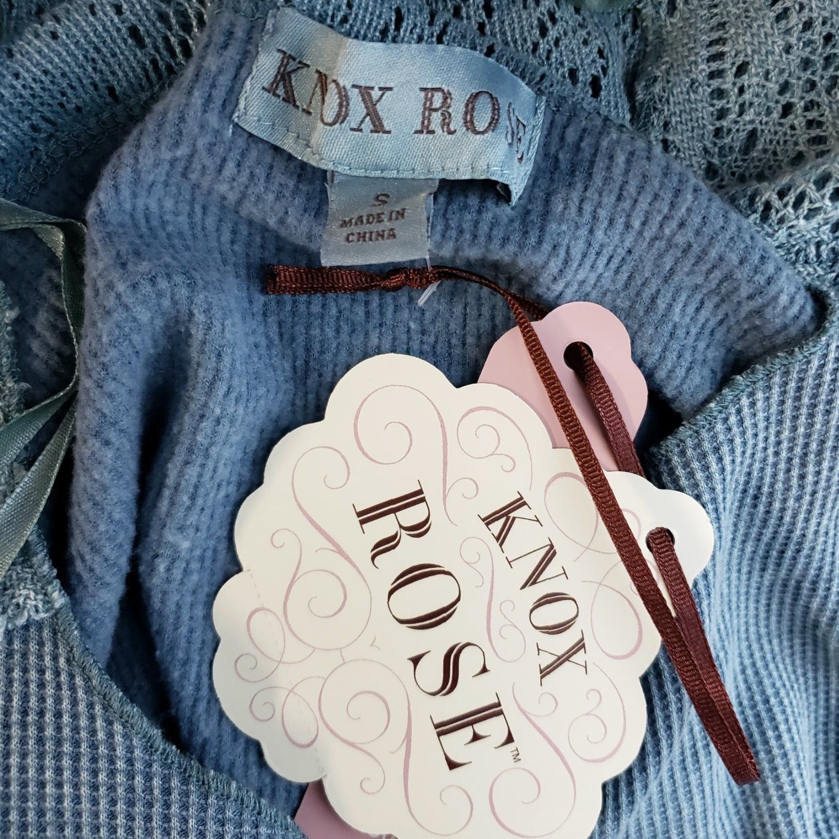 Vintage Knox Rose Womens Waffle Knit Top Sz Small Blue Long Sleeve Crochet Lace Shirt Womens Blouse BLUE Size S / US 4 / IT 40 - 5 Thumbnail