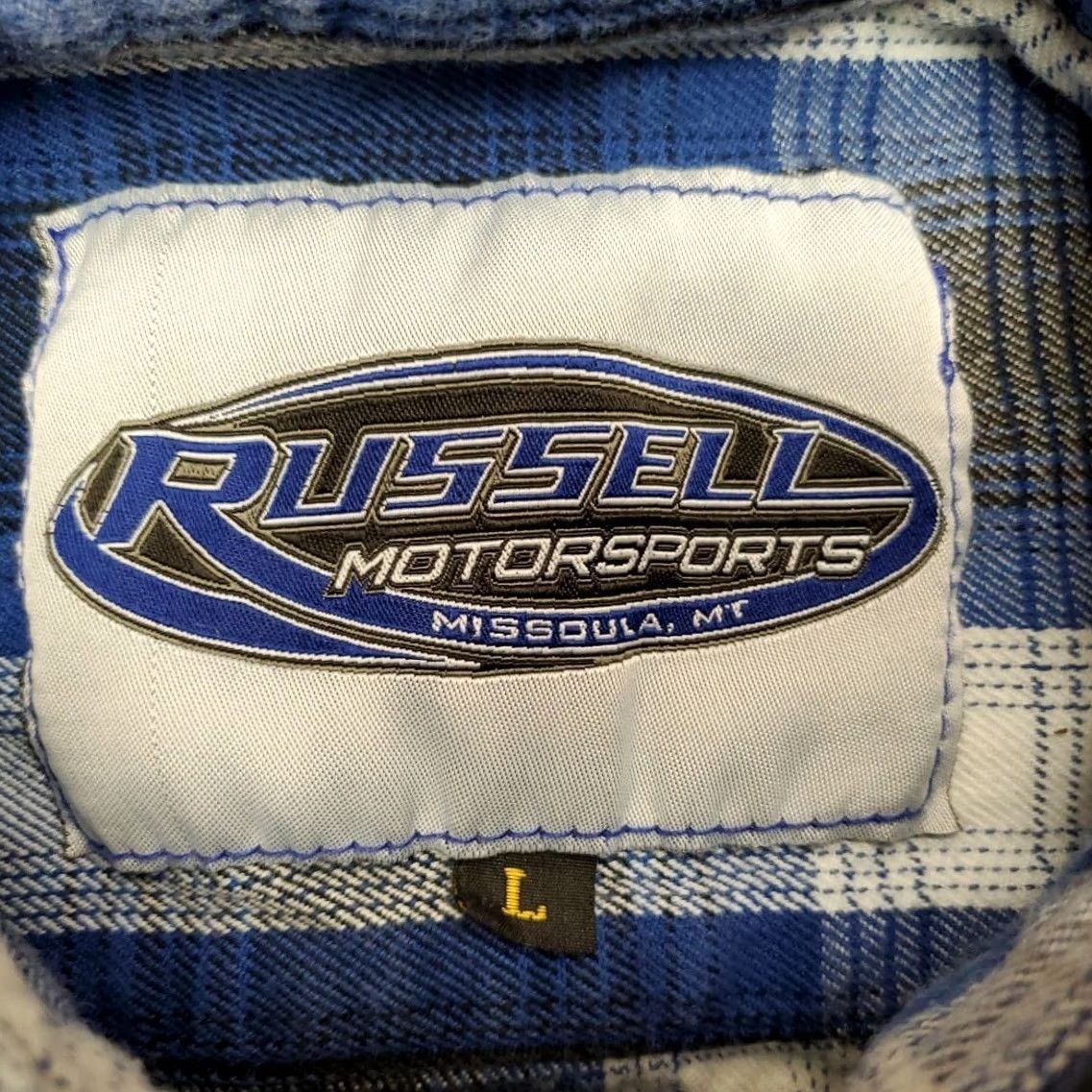 Vintage VTG Motorsports Shirt Mens L Blue Plaid Flannel Pearl Snap Western MT Missoula Denim? Size US L / EU 52-54 / 3 - 5 Thumbnail