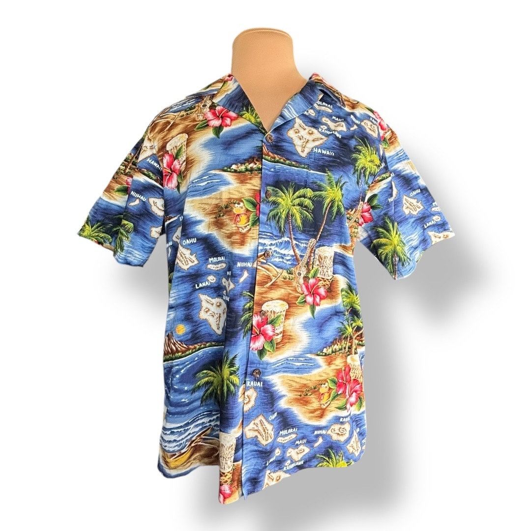 Vintage Vintage 90s RJC Hawaiian Shirt Island Map Print Blue Palm Size US L / EU 52-54 / 3 - 4 Thumbnail