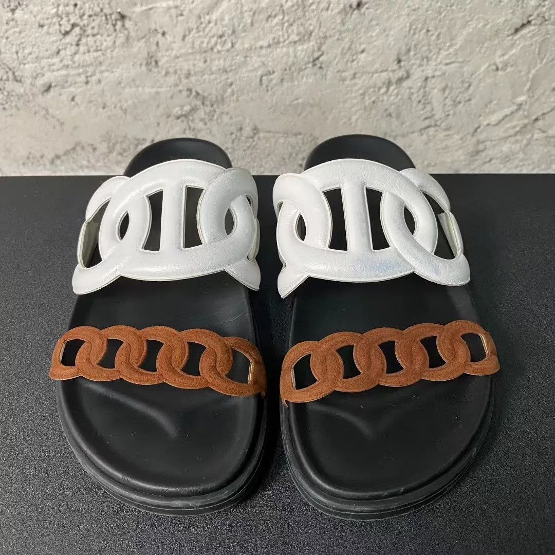 Hermes Hermes White Brown Pig Nose Chain Slides Size US 32 / EU 48 - 1 Thumbnail