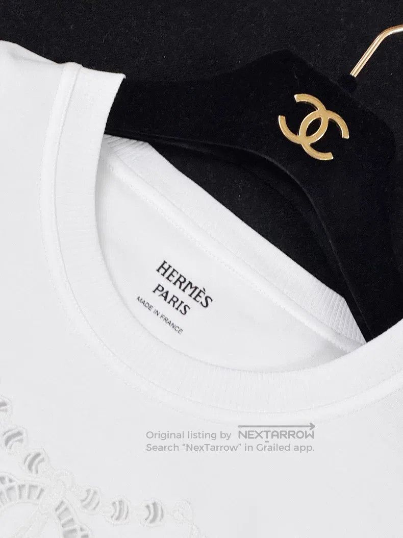 Hermes Hermes White Plain Knit Embroidered Short Sleeve T-Shirt Size XXS / US 00 / IT 34 - 3 Thumbnail