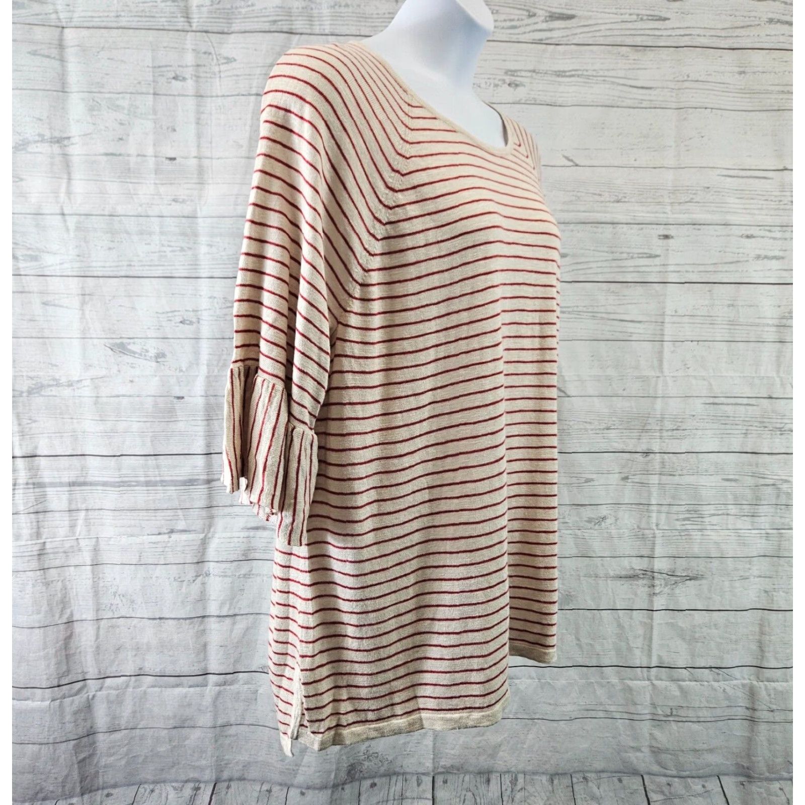 J. Jill J Jill Womens Knit Top Sz 3X Red Beige Stripe 3/4 Sleeve Linen Blend Shirt Womens Size XXL / US 16-18 / IT 52-54 - 3 Thumbnail