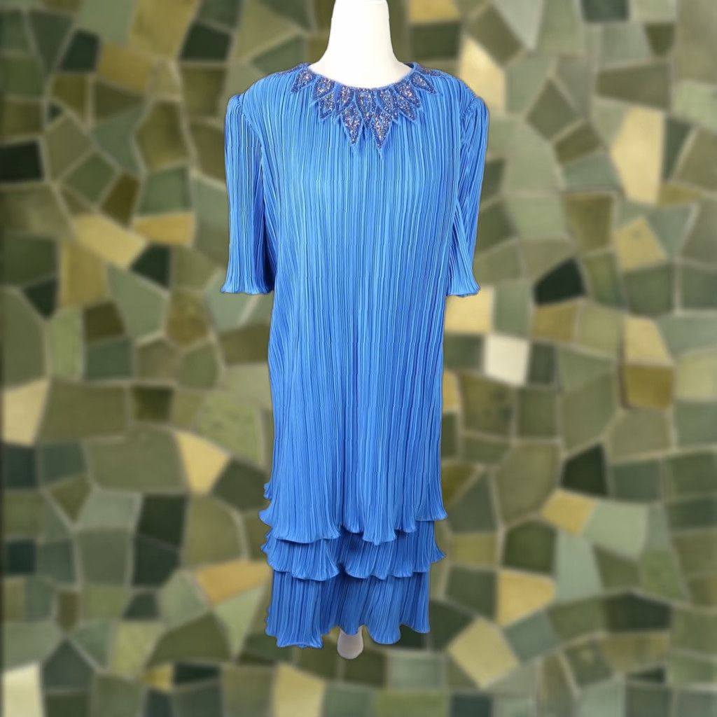 Vintage VINTAGE Gilberti cobalt blue plisse tiered midi dress 12 Sheath Beaded Glitter 80s Cocktail Party Formal Womens 12 blue Size XL / US 12-14 / IT 48-50 - 1 Thumbnail