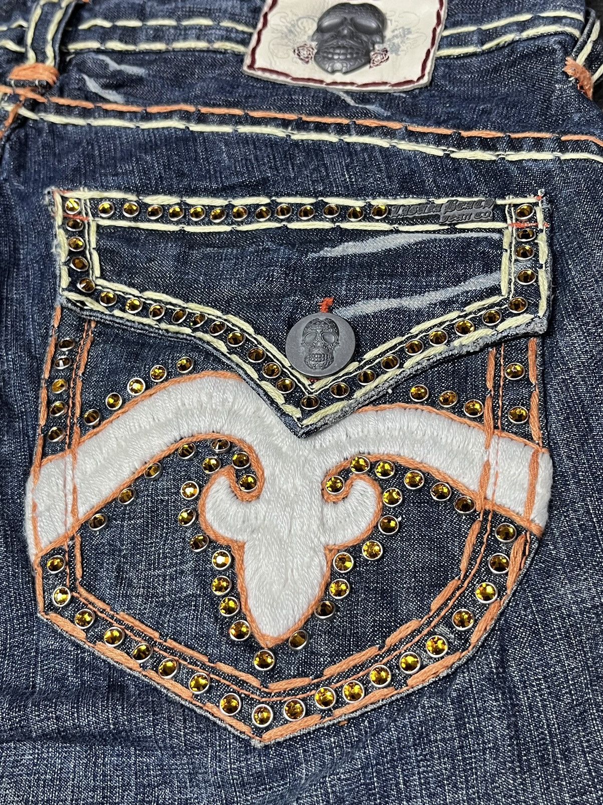Vintage LAGUNA BEACH Big Stitch Gemstone Studded Skull Button Denim Size US 35 - 17 Thumbnail