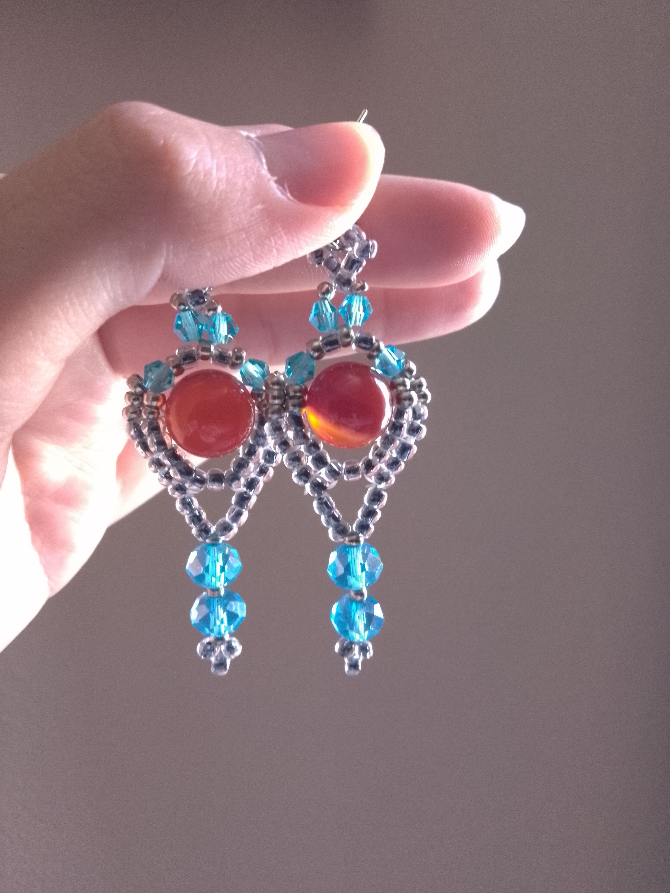 Handmade Dangle earrings with red carnelian gemstones blue crystal Size ONE SIZE - 9 Thumbnail