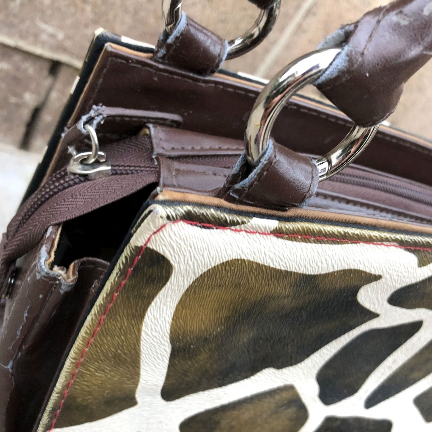 Vintage MICHE Vegan Leather Satchel Purse Women's Top Handle Giraffe Print Bag Crossbody Brown/Beige Medium Handbag Ladies Womens Size M / US 6-8 / IT 42-44 - 4 Thumbnail