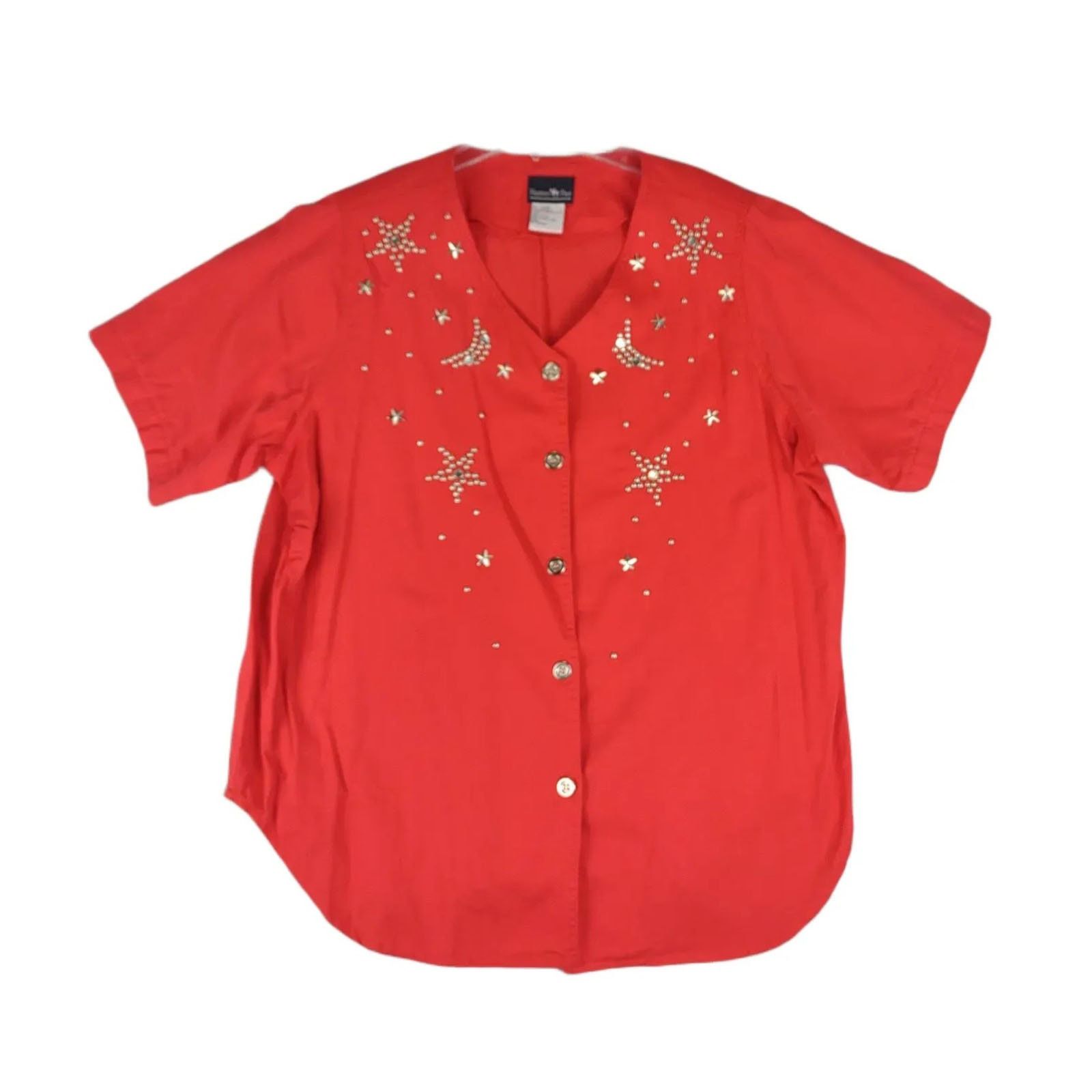 Vintage HUNTERS RUN Embellished Studs Stars Moon Button V-Neck Shirt Size XXL / US 16-18 / IT 52-54 - 1 Thumbnail