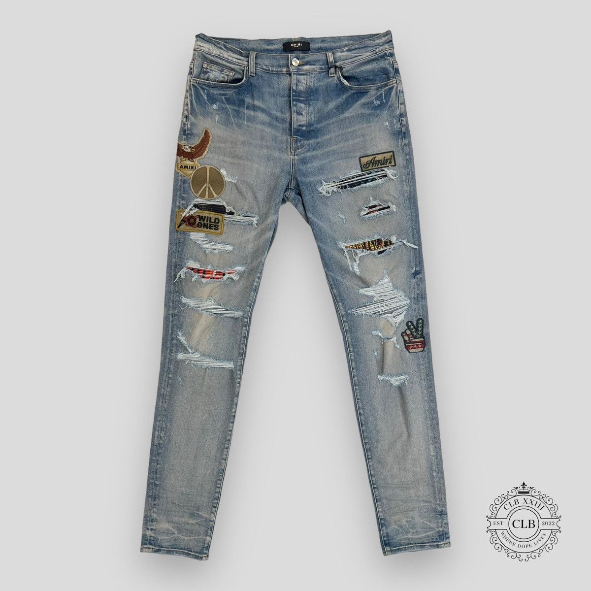 image of Amiri Biker Patch Jeans In Clay Indigo in Indigo Denim, Men's (Size 38)