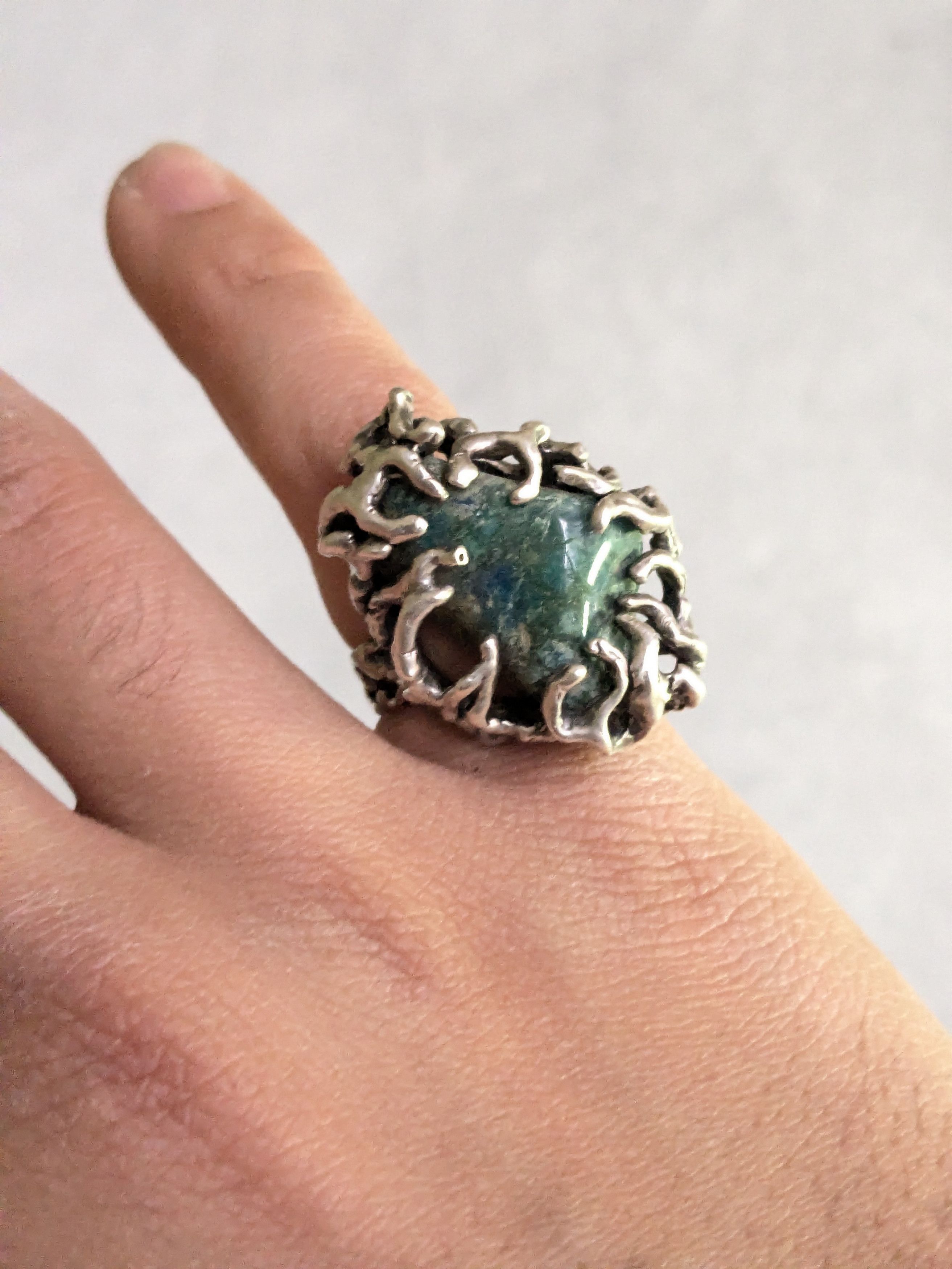 Jewelry Vintage Sterling Silver Ring Chrysocholla Brutalist 5.75 Size ONE SIZE - 11 Thumbnail