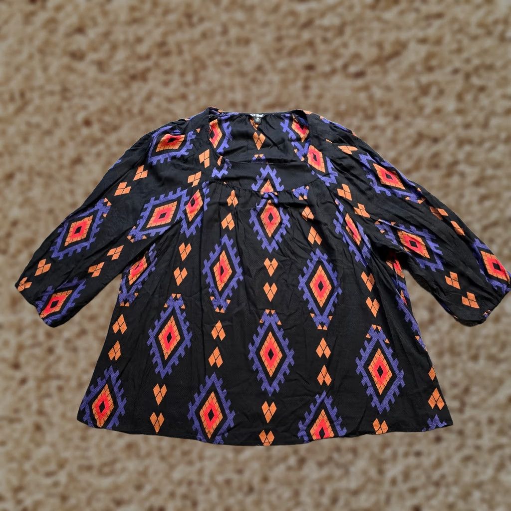 Lucky Brand Lucky Brand Top Womens 3X Black Blue Southwest Square Neck Western Blouse Shirt For Casual Wear Womens Size XXL / US 16-18 / IT 52-54 - 1 Thumbnail
