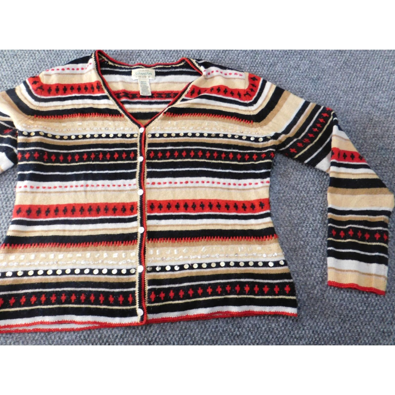 Vintage St.Johns Bay Sweater Womens Medium Beige Wool Striped Button Stretch Pullover Knit Vintage No Size M / US 6-8 / IT 42-44 - 2 Thumbnail