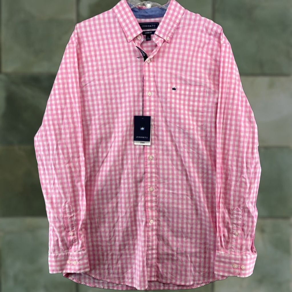Vintage Crown & Ivy Shirt Mens Large Pink Check Classic Fit NWT Motion Flex Button-Up Collared Long Sleeve Cotton Blend Size US L / EU 52-54 / 3 - 1 Thumbnail