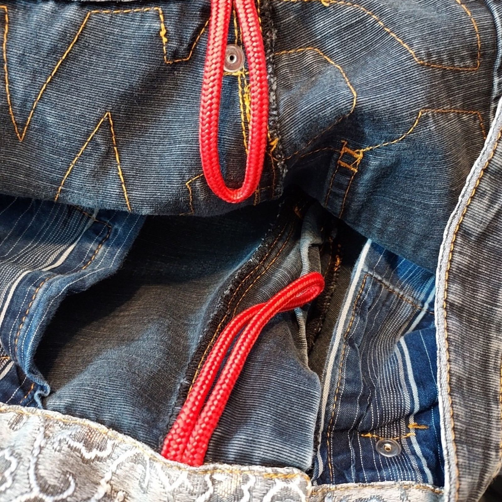 Other V-One Studio Denim Medium Blue Lace Patchwork Straight Jeans Size 33" - 3 Thumbnail