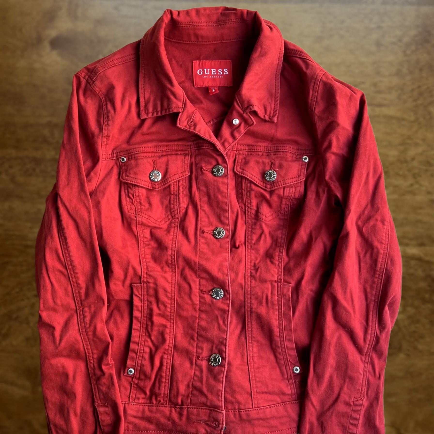 Guess Guess Jacket Womens Medium Red Denim Button Front Jean Pockets Casual Stretch Size 32" / US 10 / IT 46 - 1 Thumbnail