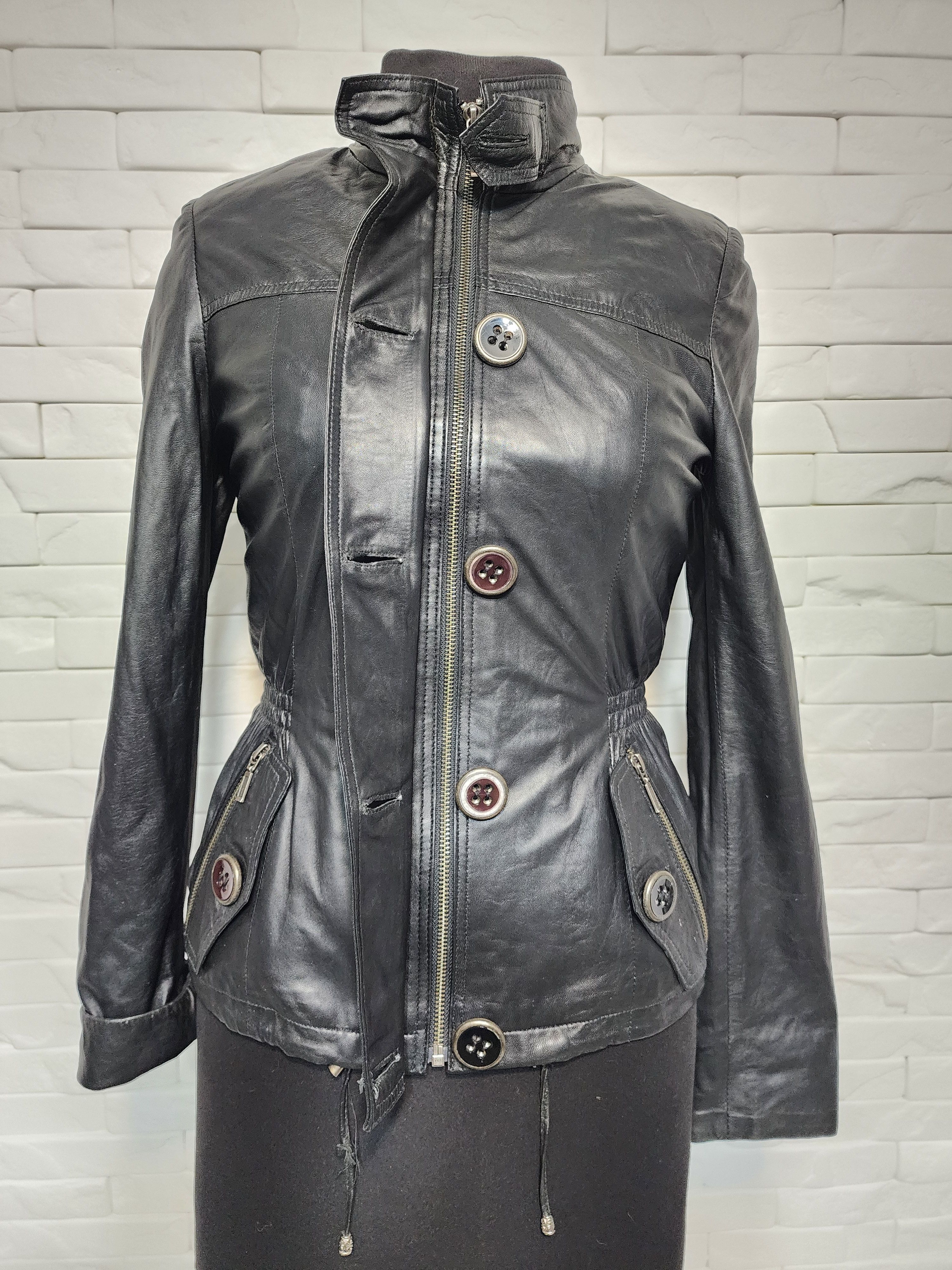 Genuine Leather Quilted Black Leather Jacket: Collarless Zip-Up Size M / US 6-8 / IT 42-44 - 4 Thumbnail