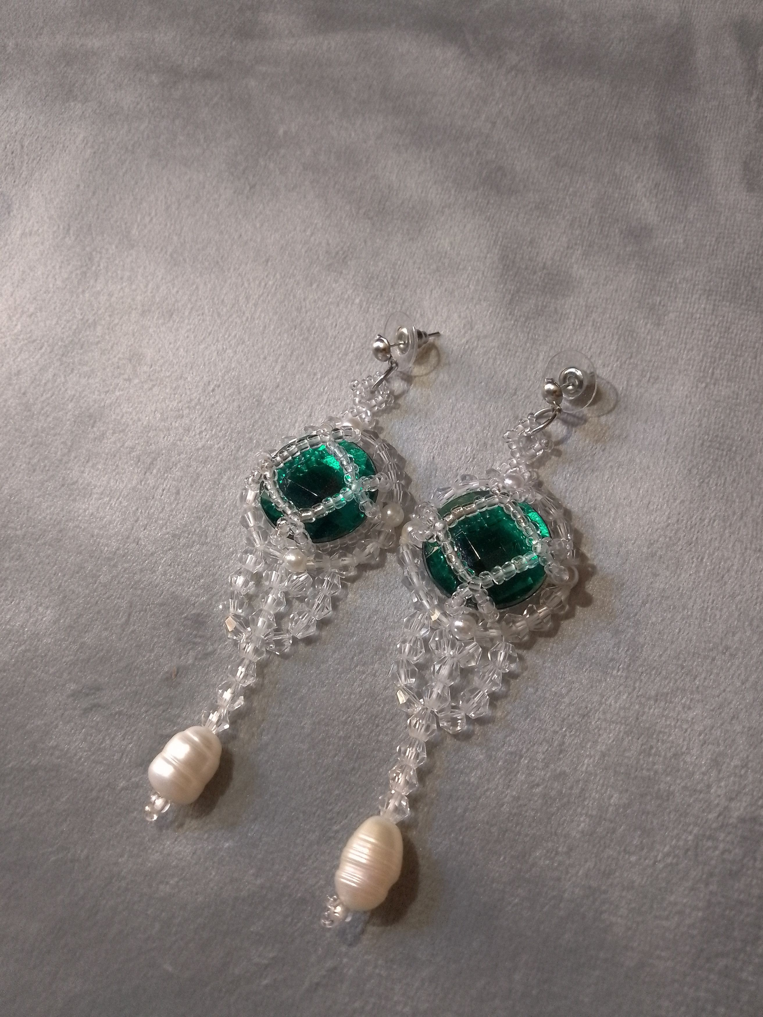 Handmade Chandelier dangle earrings Green zircons freshwater pearls Size ONE SIZE - 6 Thumbnail