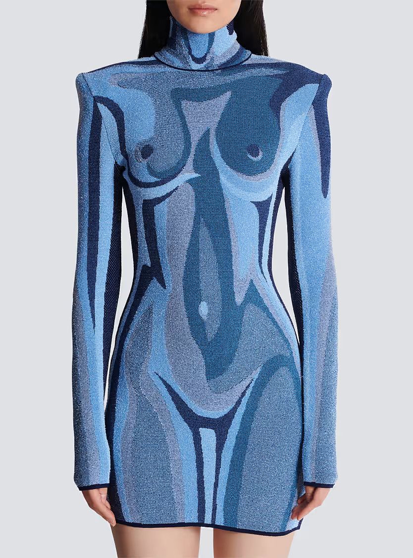 Balmain o1s1wg111225 Jacquard Knit Dress With Body Motif in Blue Size S / US 4 / IT 40 - 4 Thumbnail