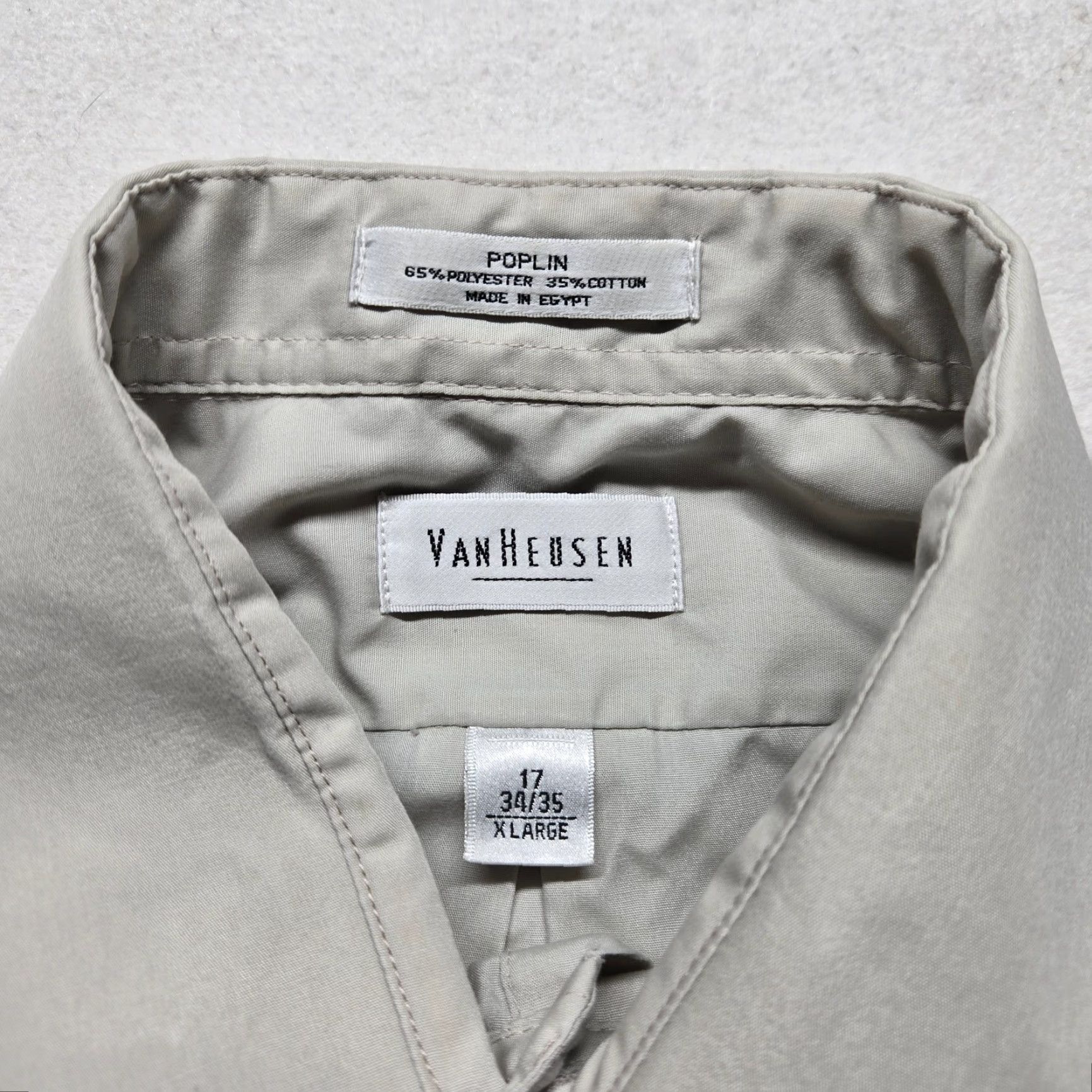 Van Heusen VAN HEUSEN Dress Shirt Mens 17 Beige Military Poplin Button Up Shirt Size 46R - 3 Thumbnail