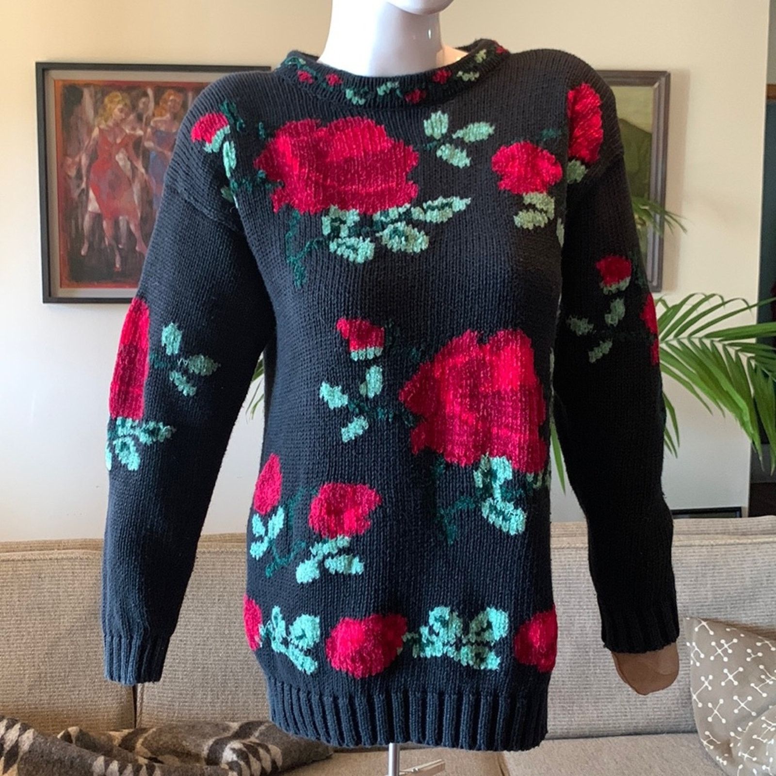 Vintage 80’s Allison Smith Roses floral chenille sweater Size M / US 6-8 / IT 42-44 - 1 Thumbnail