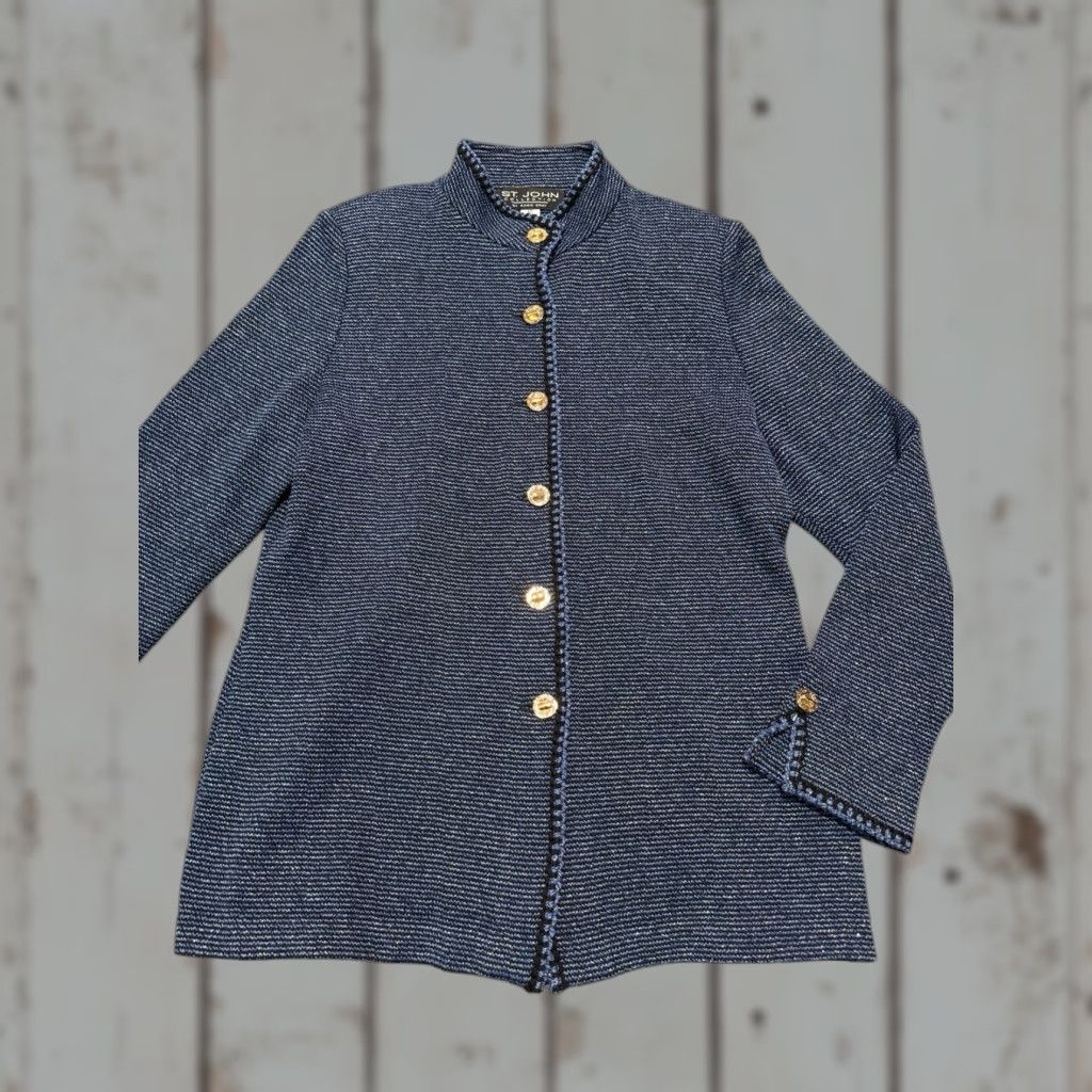 St. John St. John Collection Marie Gray Knit Jacket Black Blue Marled Gold Logo Buttons Size 10 Jacket Women Regular Knit Wool Front Button Vintage No Size L / US 10 / IT 46 - 1 Thumbnail