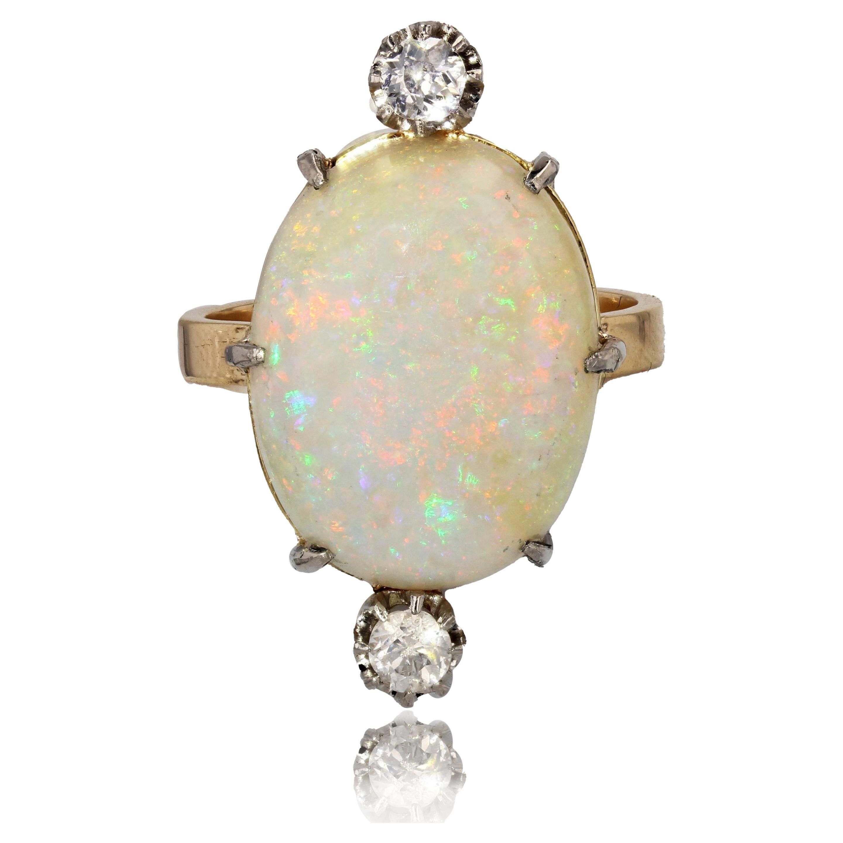 image of Vintage French 20Th Century Australian Opal Diamonds 18 Karat Yellow Gold Ring, Women's