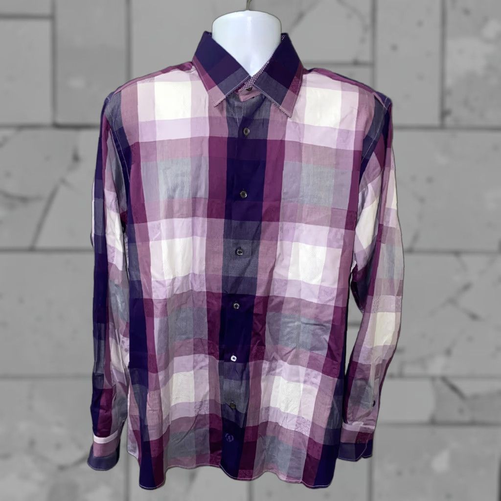 BUGATCHI Bugatchi Uomo Shirt Mens Purple Long Sleeve Checkered Button-Up Size L Size US L / EU 52-54 / 3 - 1 Thumbnail