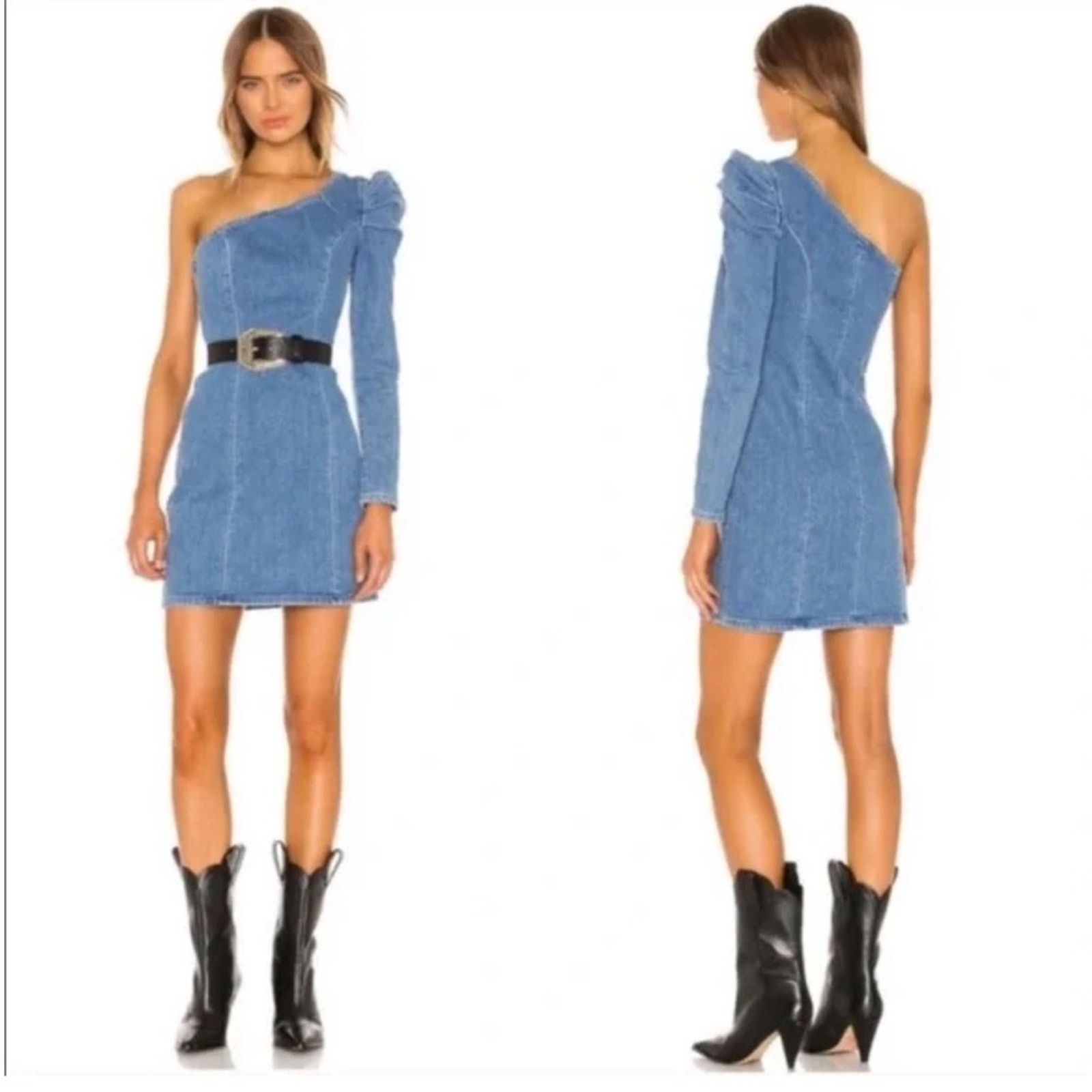 GRLFRND GRLFRND Ellie One Shoulder Denim Minidress NWT Sz. XS Size XS / US 0-2 / IT 36-38 - 3 Thumbnail