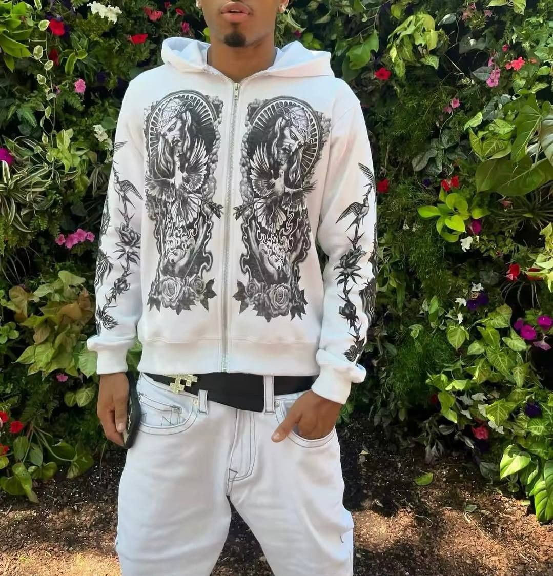 zip-up hoodie with a divine print.
