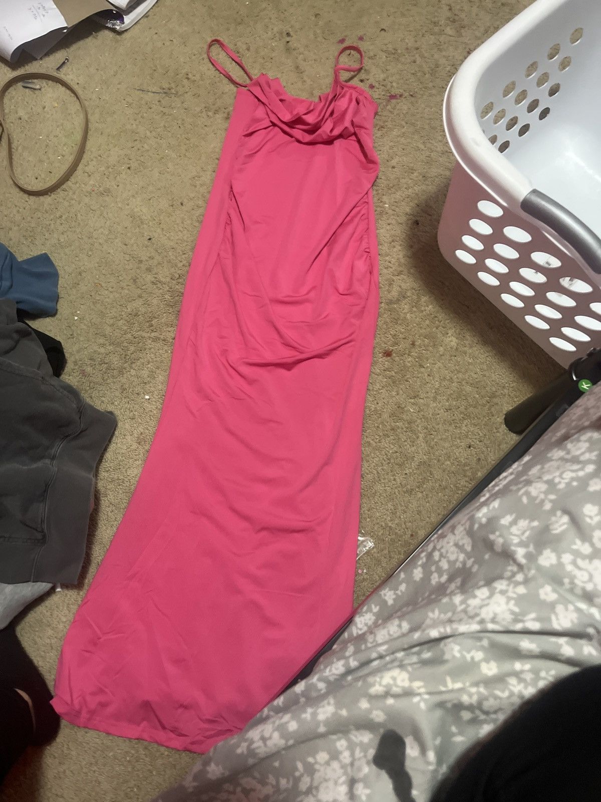 hot pink lycra dress Hot Pink Tight Long V Neckline Dress With Halter Neck And Open Back main image 1