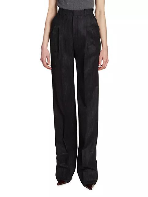 Saint Laurent Paris o1s1wg111124 Wide Leg Pants in Striped Wool Flannel in Black Size 28" / US 6 / IT 42 - 3 Thumbnail