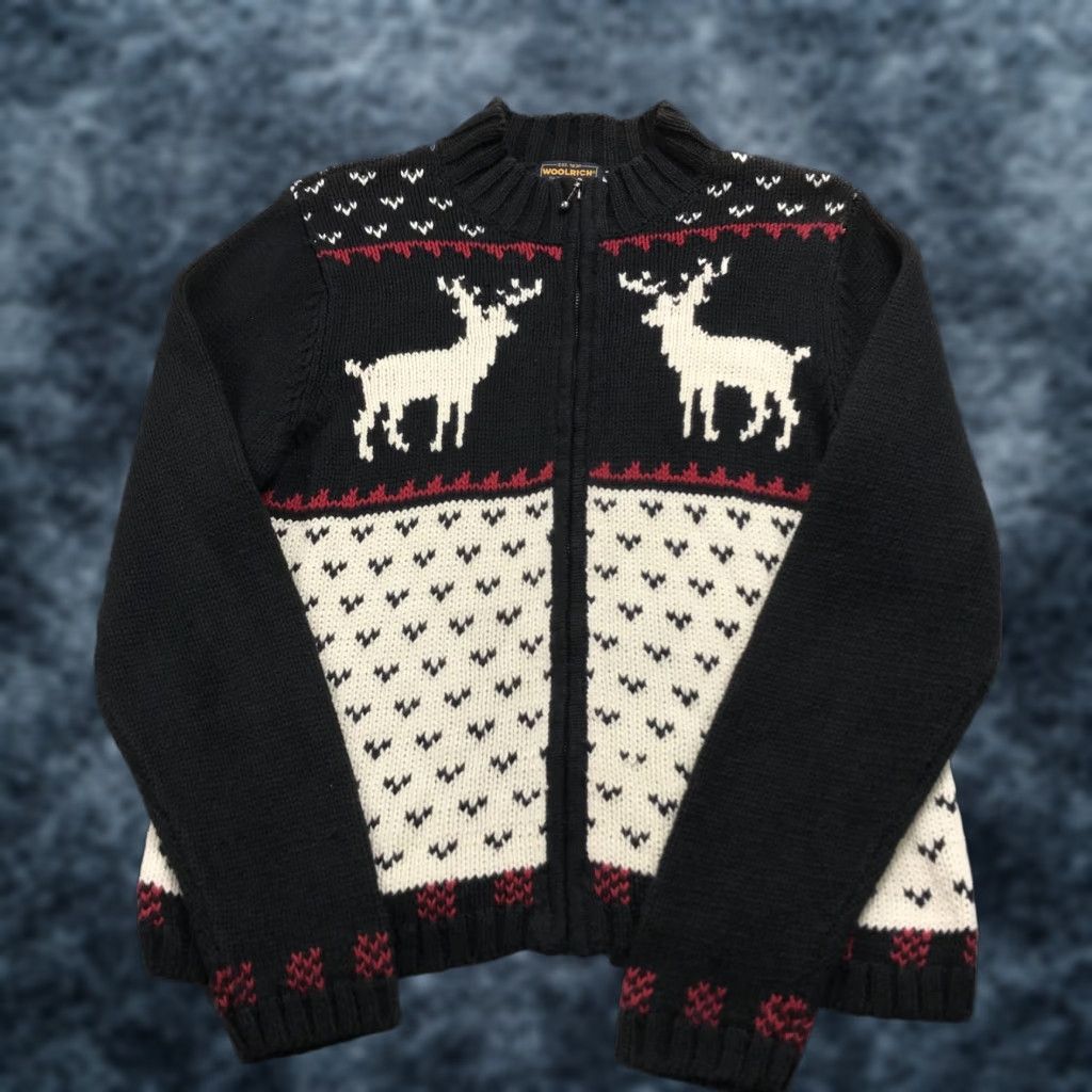 Vintage VINTAGE Woolrich Sweater Womens Large Cardigan 90s Full Zip Fair Isle Black Gray Deer Size L / US 10 / IT 46 - 1 Thumbnail