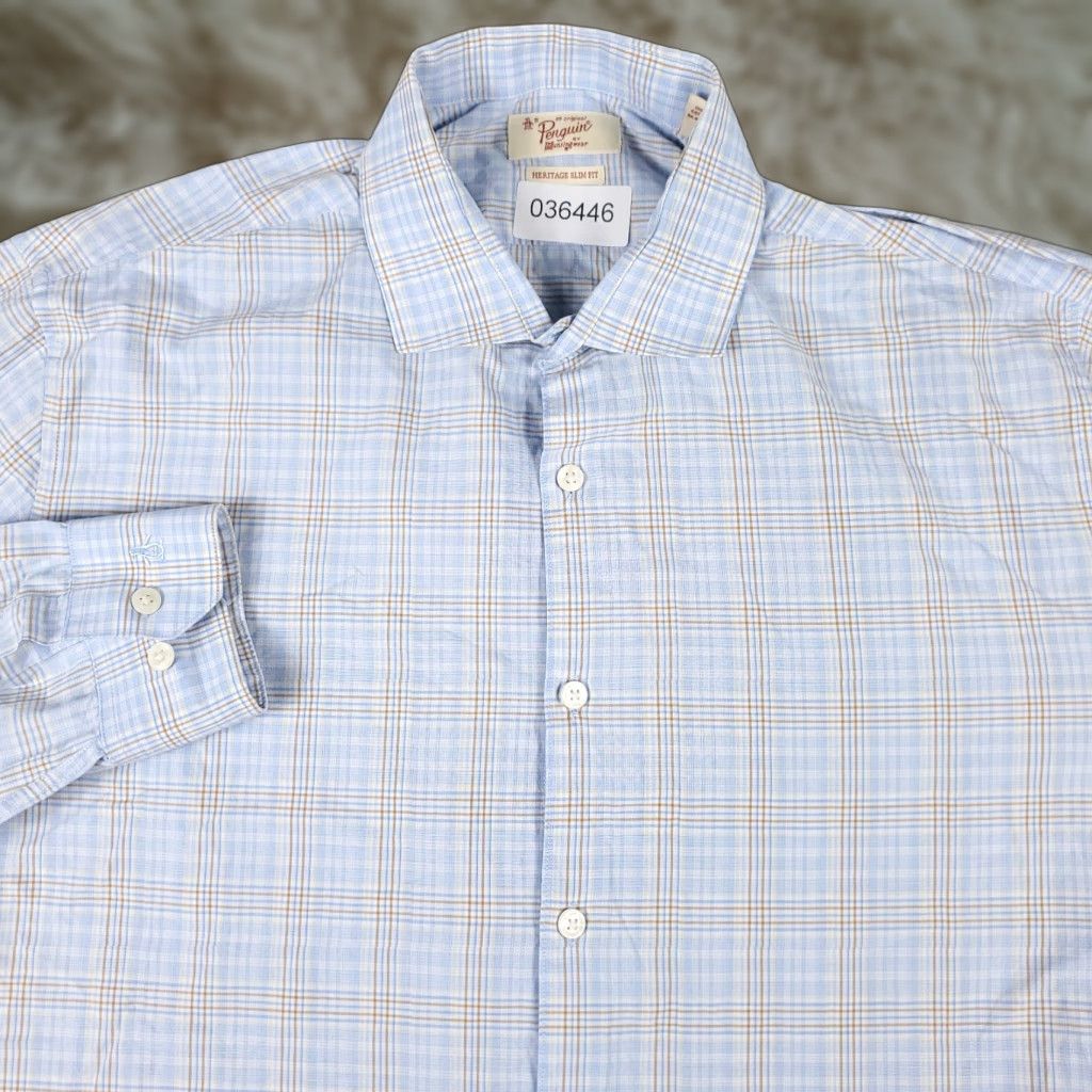 Vintage Penguin Dress Shirt Mens 17 Blue Plaid Long Sleeve Button Up Regular Fit Size 46R - 1 Thumbnail